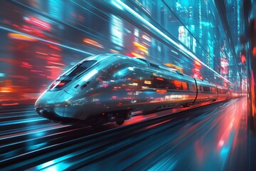 High-speed train races through a futuristic cityscape at night under vibrant neon lights