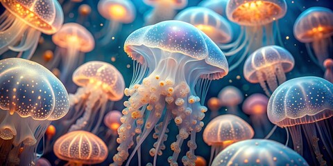 Macro view of jellyfish skin revealing intricate patterns and textures in a vibrant underwater habitat wallpaper, background, texture detailed,  