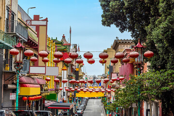 A view up Grant Avenue in the Chinatown district of San Francisco in early springtime
