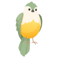 Cute green bird with yellow breast, on white background. Flat cartoon character design. Bird icon, budgie, sparrow, canary. Vector illustration isolated on white background.