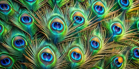 Colorful peacock feathers create a stunning macro wall display showcasing intricate patterns and vibrant colors Wallpaper, background, detailed texture, feathers