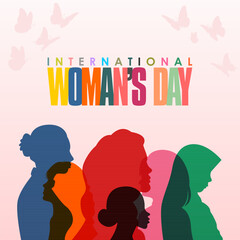 International Women's Day Vector illustration of diverse cartoon women standing together and holding a placard over their heads
