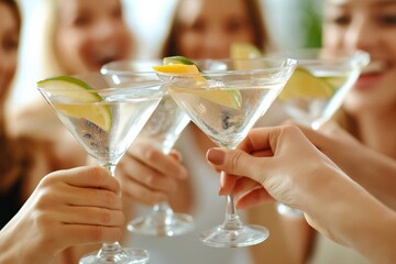 Close-up of martini glasses. Group of friends laughing and drinking martinis during a party. There are softly blurred faces in the background.