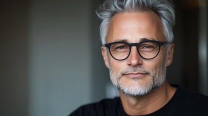 Obraz premium Portrait of Confident Older Man with Gray Hair and Stylish Glasses Smiling in Soft Natural Light in Modern Environment