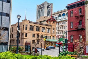 A view from Saint Marys Square towards the Chinatown district in San Francisco in early springtime
