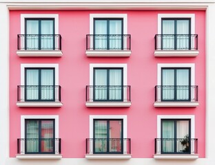 Fototapeta premium The design of a contemporary commercial building's exterior includes a glass window office skyscraper set against a red and white concrete wall, epitomizing modern architecture