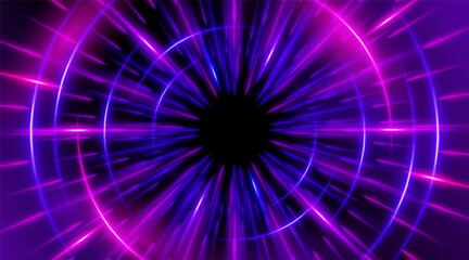 Futuristic abstract background with a radial burst of light and energy, dynamics emanating from the center. Speed. Blue, purple and pink light rays emit and create glowing particle effects.