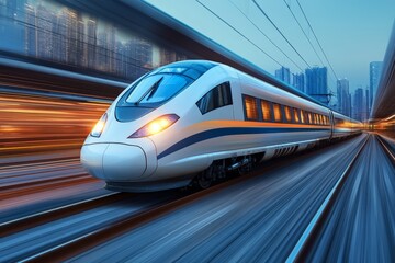 Naklejka premium High-speed train accelerates through a bustling cityscape at twilight, showcasing urban transportation innovation and technology