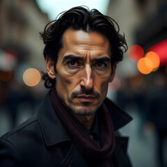 Fototapeta premium The image captures a mysterious and intense-looking man with deep-set, piercing eyes and sharp facial features. 
