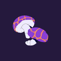 Hallucinogenic false shiitake with patterned cap. Violet poisonous fungus icon. Psychedelic boletus, purple woodland bolete. Inedible forest mushrooms, toxic fungi. Flat isolated vector illustration