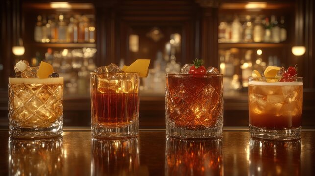 Elegant cocktails displayed on a bar counter, illuminated by warm lighting, with a background of a well-stocked bar.  Suitable for restaurant menus, drink promotions, or bar advertisements
