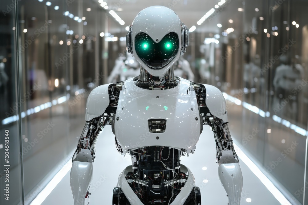 Aufkleber advanced humanoid robot with glowing eyes displayed in modern technology showroom