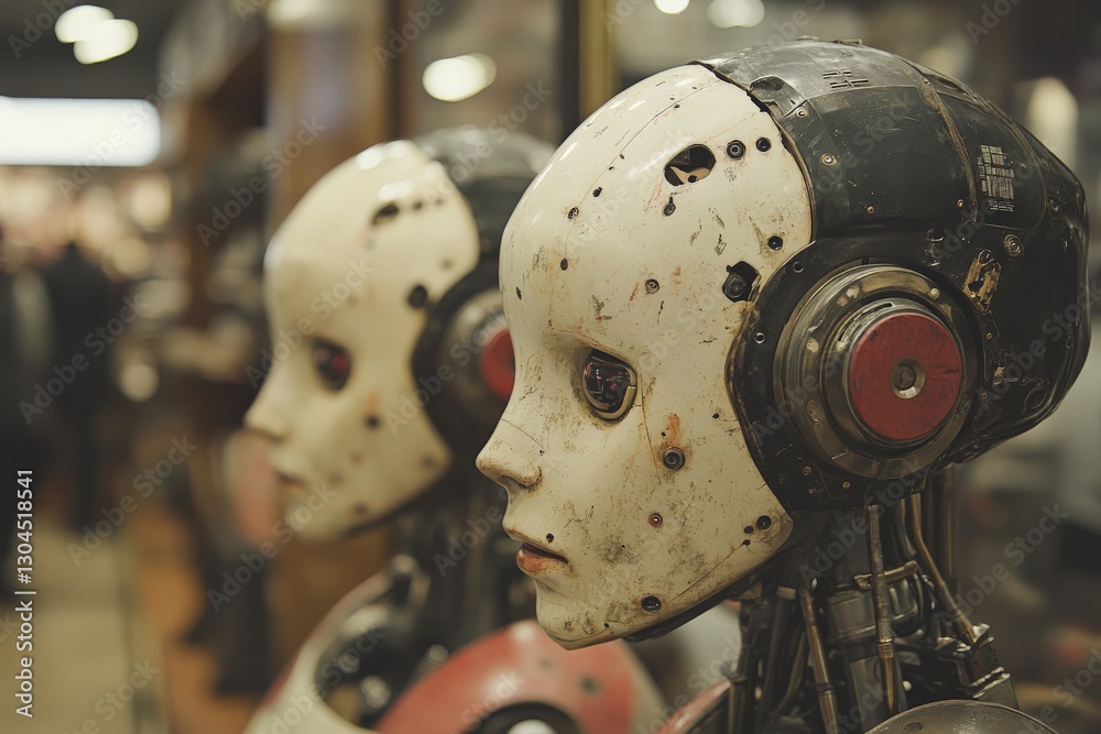 Poster robots with intricate designs displayed at a technology exhibition showcasing future innovations and