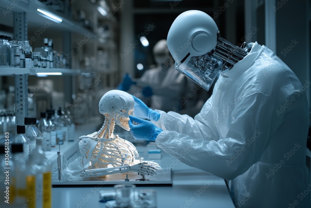 Aufkleber robot examines human-like skeleton in laboratory setting during quiet evening research hours