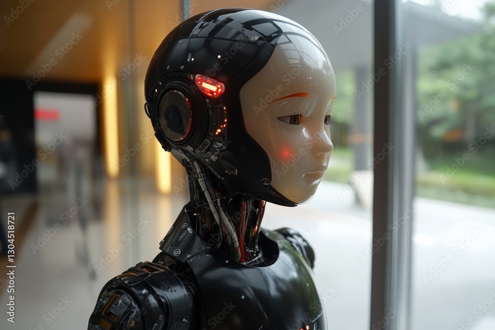 Fototapete advanced humanoid robot with realistic features displayed in a modern exhibition space