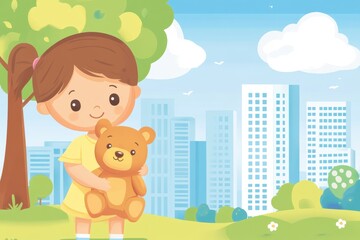 Obraz premium Cheerful Girl Holding Teddy Bear in a Bright City Park