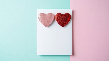 Obraz premium The Valentine's Day concept is creatively represented with a balloon made of hearts and a blank paper card on a pink background, captured in a flat lay from a top view