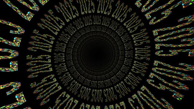 2025 was created using real colorful glass bottles to create an animation that has an infinite pseudo depth spiral descending effect