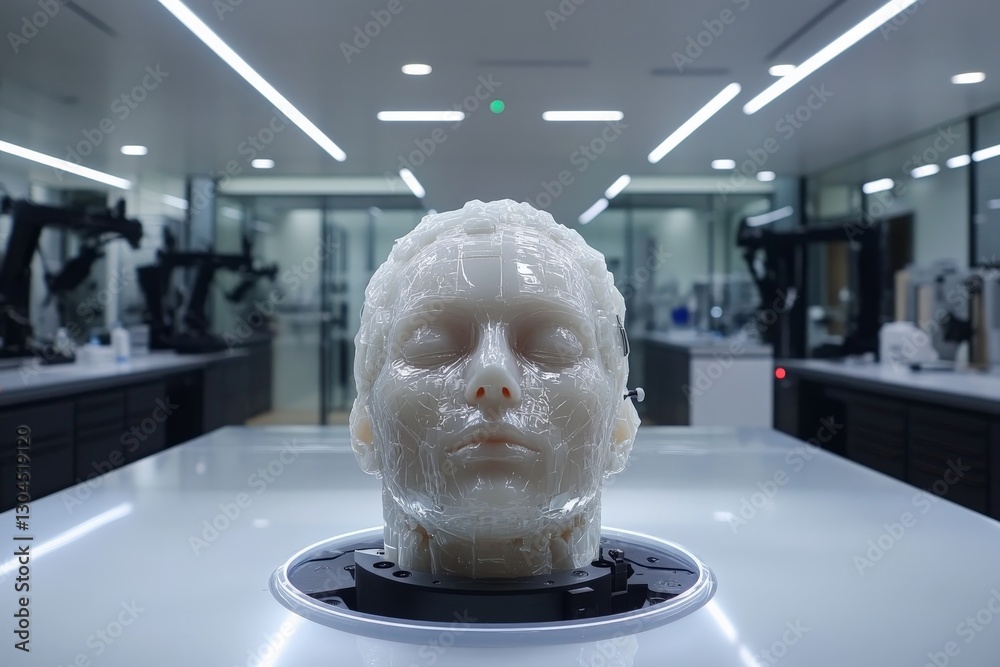 Aufkleber Innovative robotic head design displayed in a futuristic laboratory during evening hours with advanced technology