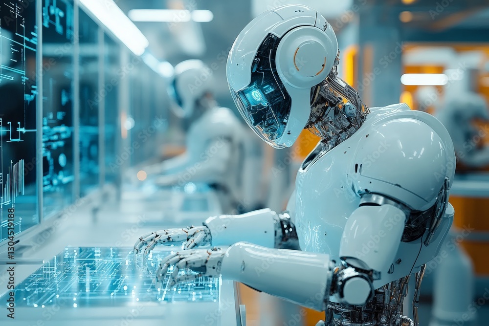 Aufkleber Advanced robot working on holographic interface in futuristic technology lab
