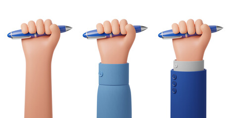 Cartoon character hand shirt suit hold blue pen isolated on transparent background. Work, sing and art concept. 3d render illustration.