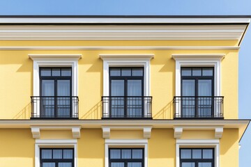 Fototapeta premium The fragment of a modern building, either residential or commercial, showcases a yellow ventilated facade with windows, contributing to urban real estate