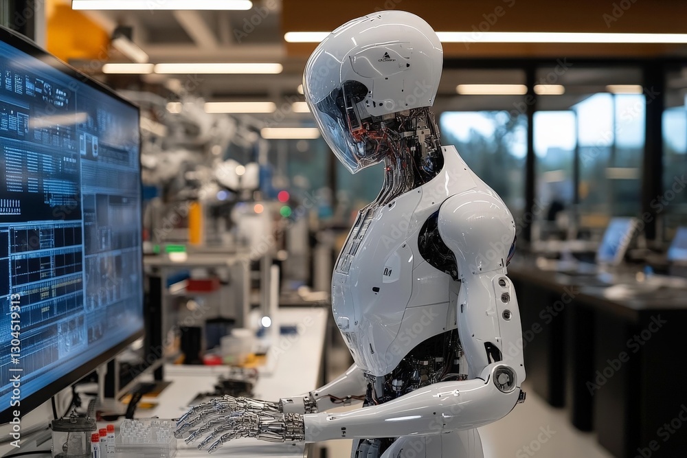 Leinwandbilder Sophisticated humanoid robot interacts with computer in a modern technology lab during daylight