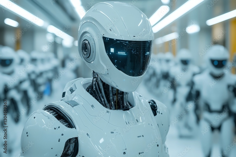 Poster advanced humanoid robots displayed in a modern manufacturing facility during a demonstration of arti