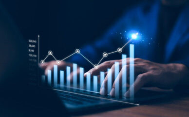 2024 to 2025 business financial plan market concept, performance of profit growth on 2024, education trend up finance on growth graph money revenue, Businessman analyzes profitability of working.