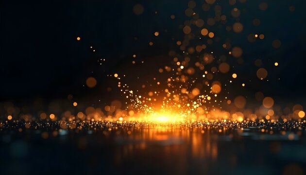 Arte digital abstracto, un fondo oscuro con una explosi&oacute;n de luz dorada y efectos bokeh