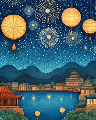 Fototapeta premium Lanterns illuminate a festive night sky.