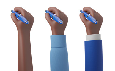 Cartoon character hand of an African-American businessman holding a blue pen isolated over transparent background. The concept of signing a contract 3d render illustration.