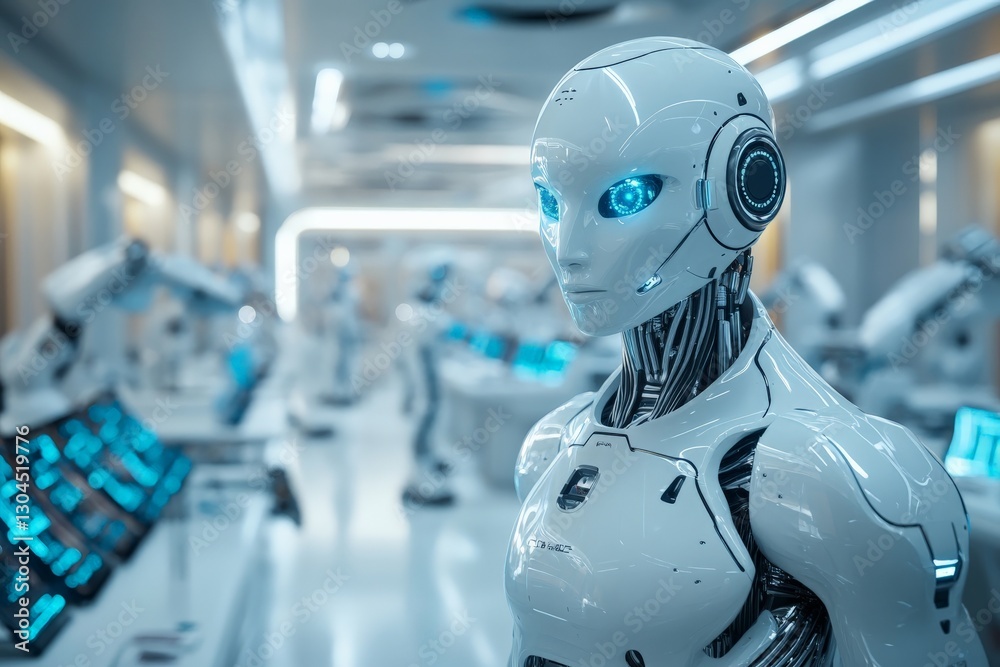 Aufkleber Futuristic robotic companion in a high-tech laboratory with glowing blue features engaging in advanced research