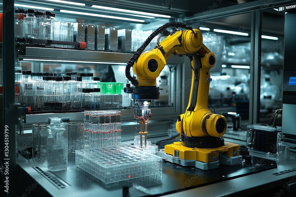 Poster robot arm automates laboratory processes in state-of-the-art scientific facility during evening hour