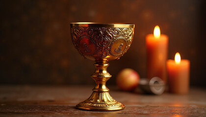 Antique golden chalice with intricate engraving filled with rich red wine, illuminated by candles