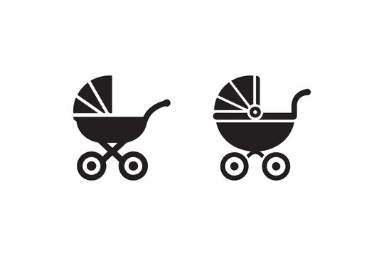 baby carriage icon silhouette vector illustration in black and white, set against a white background