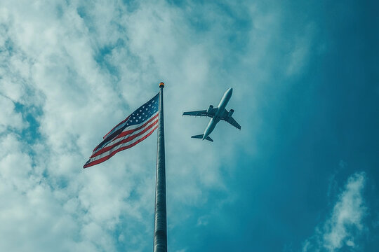 US flag on a pole with a passenger plane flying high in the sky in the background. Generated by artificial intelligence