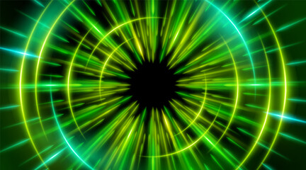 Futuristic abstract background with a radial burst of light and energy, dynamics emanating from the center. Speed. Blue, purple and pink light rays emit and create glowing particle effects.