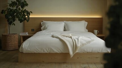 Generative AI, Minimalist Natural Bedroom with Rattan and Wood Accents