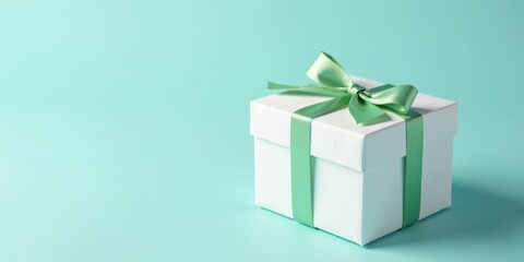 Obraz premium A pristine white gift box adorned with a delicate pale green ribbon, a symbol of thoughtful presentation and joyous celebration