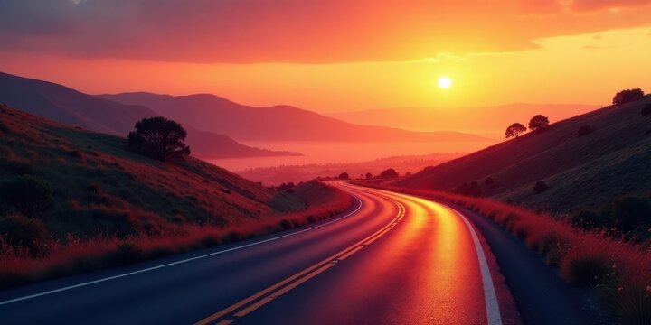 Serene Sunset Drive on a Winding Asphalt Road Through Rolling Hills
