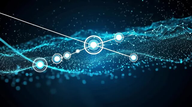 Futuristic data connection network with glowing nodes and digital waves