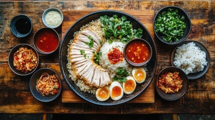 Elevated Asian Chicken Rice Dish on Rustic Table