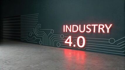 A modern space featuring glowing text reading "INDUSTRY 4.0" accompanied by circuit-like patterns on a dark background.
