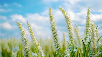 Fototapeta premium Tall white plants grow against a bright blue sky backdrop