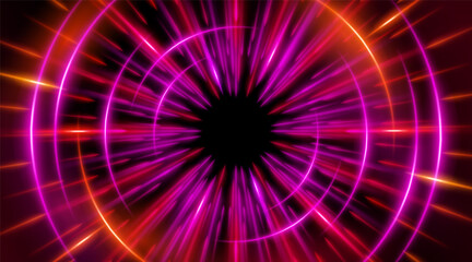 Futuristic abstract background with a radial burst of light and energy, dynamics emanating from the center. Speed. Red, purple and pink light rays emit and create glowing particle effects.