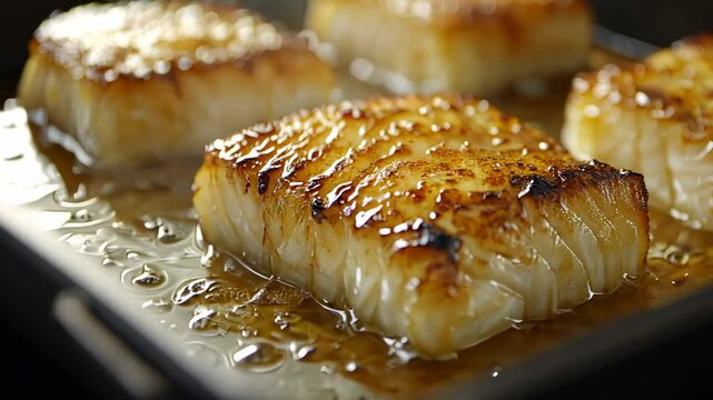 Pan-seared cod fillets in a baking pan; steam rising; dark background