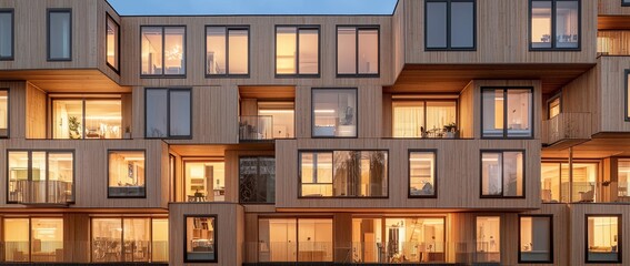 East-facing facades of a modern residential apartment block, constructed from wood and concrete, are detailed in architectural plans