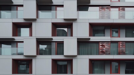 Obraz premium A sleek, modern building facade is characterized by its many windows and balconies, which, through the subtle dance of light and darkness, produce a captivating abstract design, stock photo