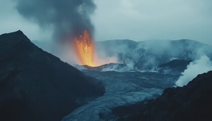 Fototapeta premium Fiery Volcanic Eruption with Dark Smoke and Lava Flow